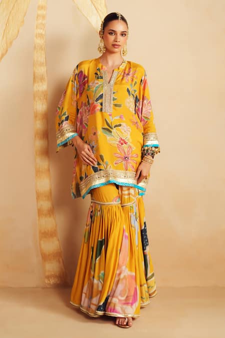 Rainas_Yellow Satin, Organza Sequins, Zari, Meadowfall Printed Kaftan Kurta Sharara Set _at_Aza_Fashions