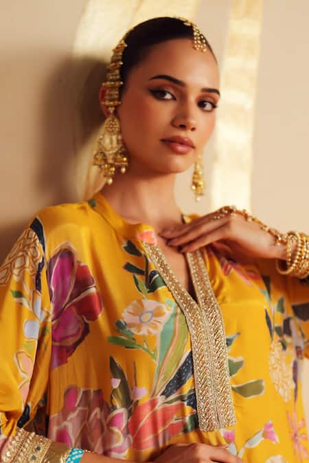 Shop_Rainas_Yellow Satin, Organza Sequins, Zari, Meadowfall Printed Kaftan Kurta Sharara Set 