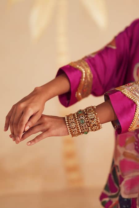 Buy_Rainas_Pink Satin Embroidery, Zari, Stones Split Floral Printed Kurta And Dhoti Pant Set _Online_at_Aza_Fashions