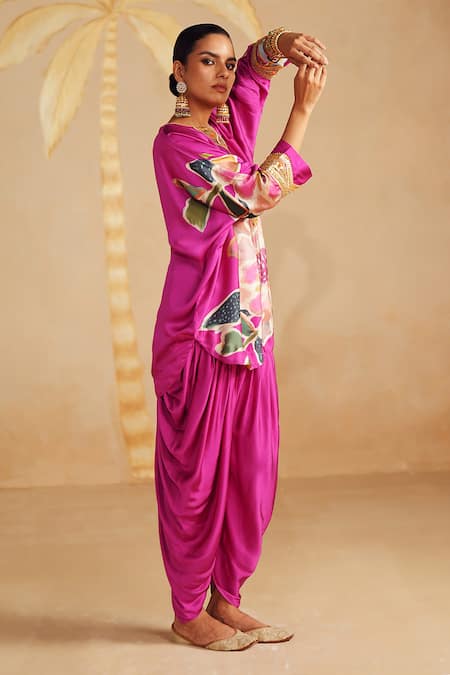 Rainas_Pink Satin Embroidery, Zari, Stones Split Floral Printed Kurta And Dhoti Pant Set _at_Aza_Fashions