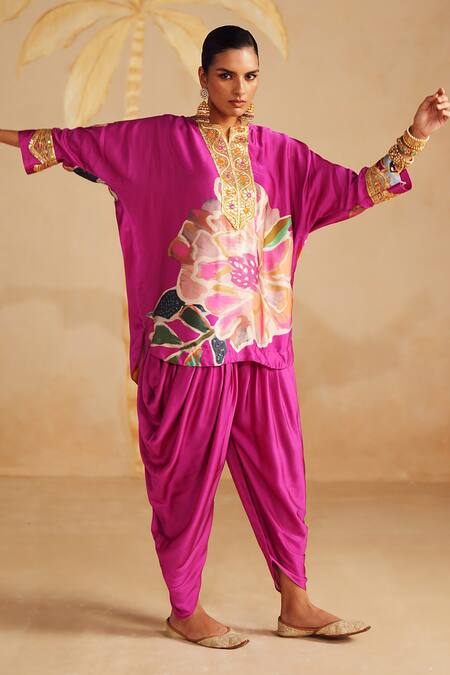 Buy_Rainas_Pink Satin Embroidery, Zari, Stones Split Floral Printed Kurta And Dhoti Pant Set 