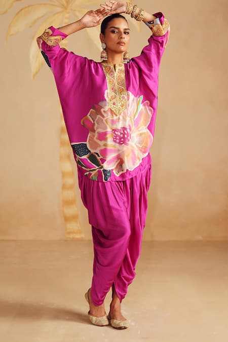 Shop_Rainas_Pink Satin Embroidery, Zari, Stones Split Floral Printed Kurta And Dhoti Pant Set 