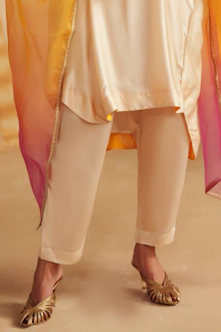 Rainas_Ivory Satin, Organza Embroidery, Sequins, Mirrors, Creamora Bodice Kurta Set _Online_at_Aza_Fashions