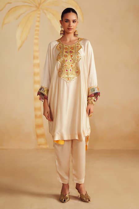 Buy_Rainas_Ivory Satin, Organza Embroidery, Sequins, Mirrors, Creamora Bodice Kurta Set _Online_at_Aza_Fashions