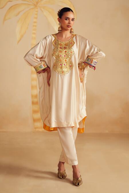 Rainas_Ivory Satin, Organza Embroidery, Sequins, Mirrors, Creamora Bodice Kurta Set _at_Aza_Fashions