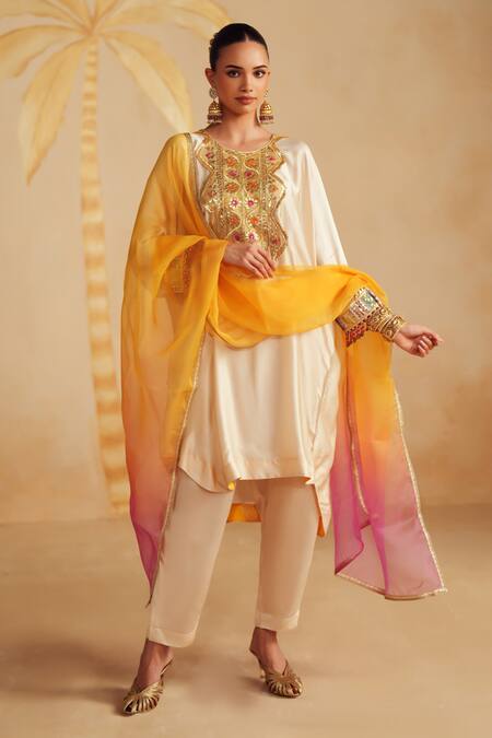 Buy_Rainas_Ivory Satin, Organza Embroidery, Sequins, Mirrors, Creamora Bodice Kurta Set 