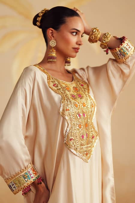 Shop_Rainas_Ivory Satin, Organza Embroidery, Sequins, Mirrors, Creamora Bodice Kurta Set 