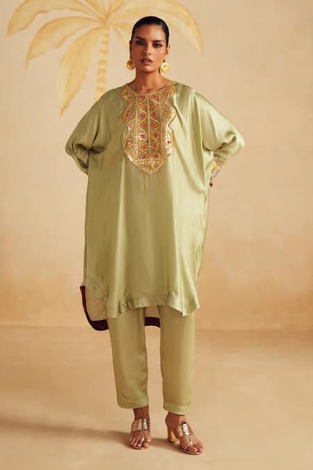 Shop_Rainas_Green Satin, Organza Sequins, Beads, Pistachio Dust Embroidered Bodice Kurta Set _Online_at_Aza_Fashions