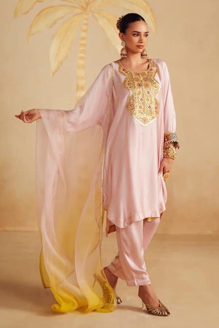 Buy_Rainas_Lilac Satin, Organza Embroidery, Sequins, Zari, Stones, Mirrors Bodice Kurta Set 