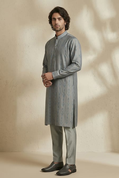 Buy_Bubber Couture_Grey Silk, Satin, Linen Embroidery Cipher Printed Kurta And Pant Set _Online_at_Aza_Fashions
