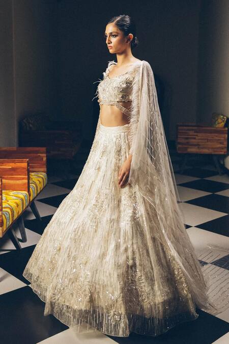 Shop_PRAVALIKA KOLA_Ivory Organza, Net Sequins, Beads, Crystals, Eira Embellished Lehenga Set _Online_at_Aza_Fashions