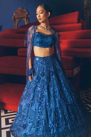 Buy Pravalika Kola Blue Organza, Net Embroidery, Sequins, Beads Lyla Embellished Cape Lehenga Set Online at Aza Fashions Buy_Pravalika Kola_Blue Organza, Net Embroidery, Sequins, Beads Lyla Embellished Cape Lehenga Set _Online_at_Aza_Fashions