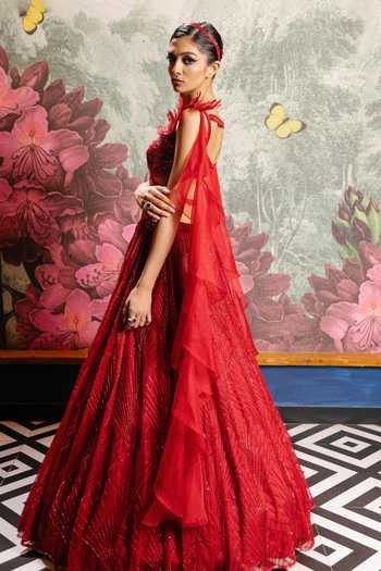 Shop PRAVALIKA KOLA Red Organza Embroidery, Sequins, Zari Valentina Embellished Lehenga Set Online at Aza Fashions Shop_PRAVALIKA KOLA_Red Organza Embroidery, Sequins, Zari Valentina Embellished Lehenga Set _Online_at_Aza_Fashions