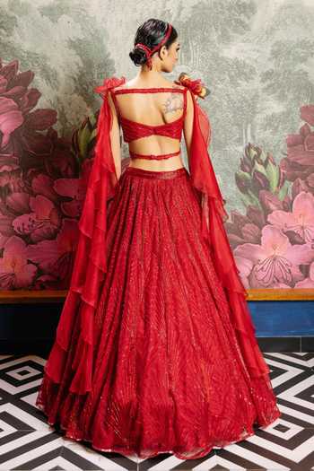 Shop PRAVALIKA KOLA Red Organza Embroidery, Sequins, Zari Valentina Embellished Lehenga Set at Aza Fashions Shop_PRAVALIKA KOLA_Red Organza Embroidery, Sequins, Zari Valentina Embellished Lehenga Set _at_Aza_Fashions