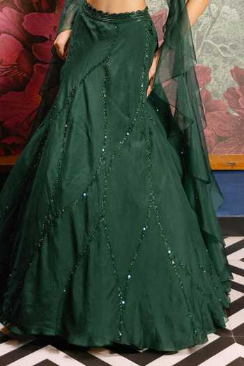 Buy PRAVALIKA KOLA Emerald Green Organza Embroidery, Sequins, Fabric Dahila Embellished Lehenga Set Online at Aza Fashions Buy_PRAVALIKA KOLA_Emerald Green Organza Embroidery, Sequins, Fabric Dahila Embellished Lehenga Set _Online_at_Aza_Fashions