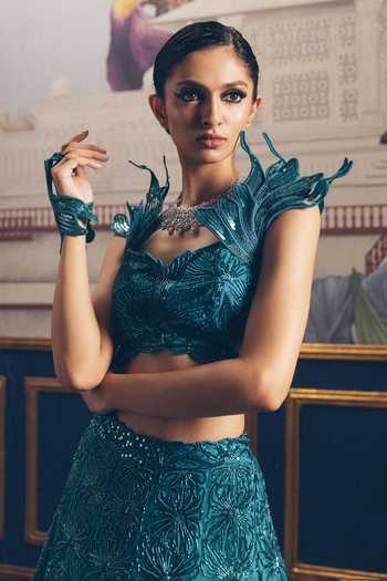 Buy PRAVALIKA KOLA Green Organza Embroidery, Sequins, Fabric Di Fiori Embellished Lehenga Set Online at Aza Fashions Buy_PRAVALIKA KOLA_Green Organza Embroidery, Sequins, Fabric Di Fiori Embellished Lehenga Set _Online_at_Aza_Fashions