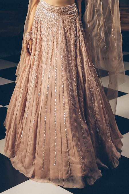 PRAVALIKA KOLA_Rose Gold Organza, Net Embroidery, Sequins, Beads Lucia Embellished Lehenga Set _Online_at_Aza_Fashions