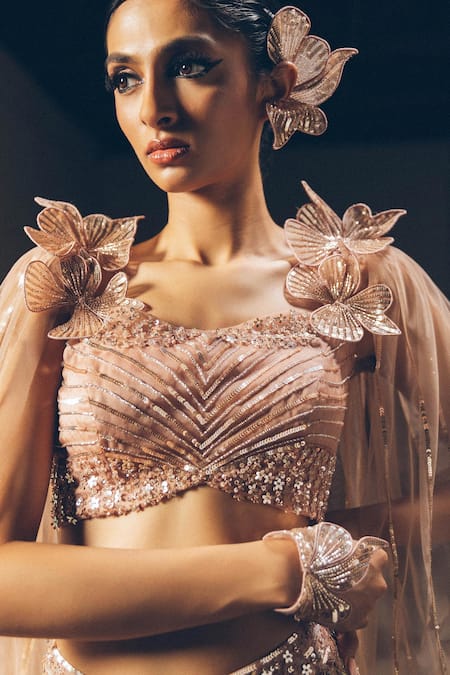 Buy_PRAVALIKA KOLA_Rose Gold Organza, Net Embroidery, Sequins, Beads Lucia Embellished Lehenga Set _Online_at_Aza_Fashions