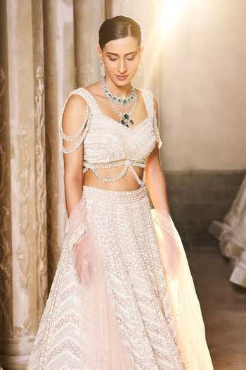 Pravalika Kola_Pink Organza, Net Sequins, Beads, Pearls, Crystals Embellished Lehenga Set _Online_at_Aza_Fashions