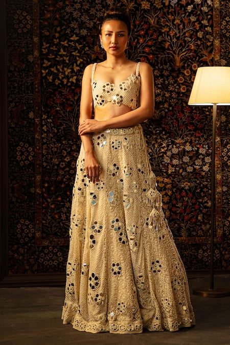 Vandana Sethi Mirror Pearlwork Embellished Chikankari Lehenga With Blouse And Dupatta Set