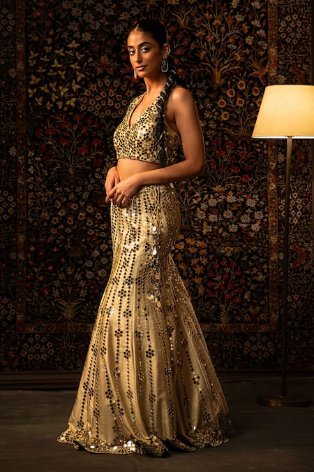 Buy_Vandana Sethi_Gold Silk Mirrors V-neck Work Raw Lehenga Set _Online_at_Aza_Fashions