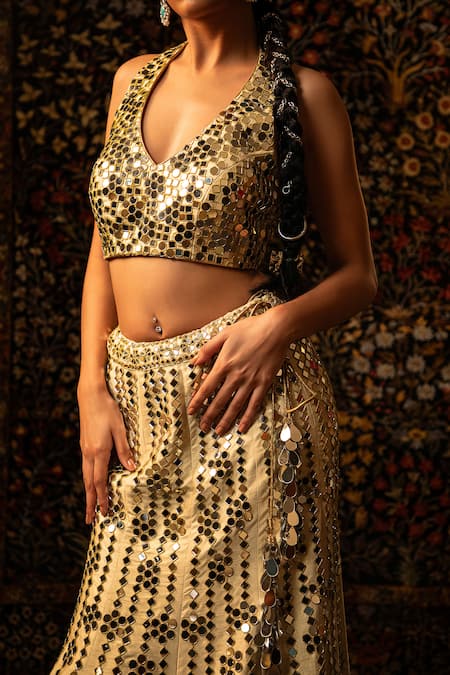 Shop_Vandana Sethi_Gold Silk Mirrors V-neck Work Raw Lehenga Set _Online_at_Aza_Fashions