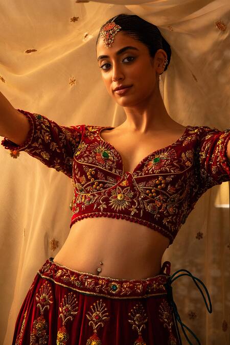 Vandana Sethi_Red Velvet Embroidery, Zari, Stones Sweetheart Neck Zardozi Lehenga Set _Online_at_Aza_Fashions
