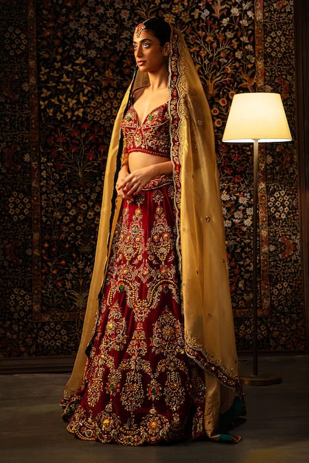 Shop_Vandana Sethi_Red Velvet Embroidery, Zari, Stones Sweetheart Neck Zardozi Lehenga Set _Online_at_Aza_Fashions