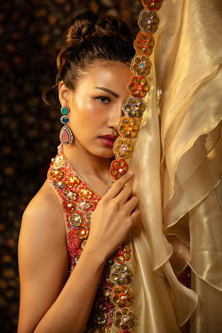 Vandana Sethi_Gold Organza Embroidery, Sequins, Beads, Zari, Stones, Metal Work Lehenga Set _Online_at_Aza_Fashions