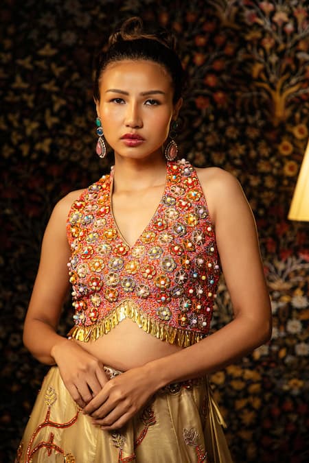 Buy_Vandana Sethi_Gold Organza Embroidery, Sequins, Beads, Zari, Stones, Metal Work Lehenga Set _Online_at_Aza_Fashions
