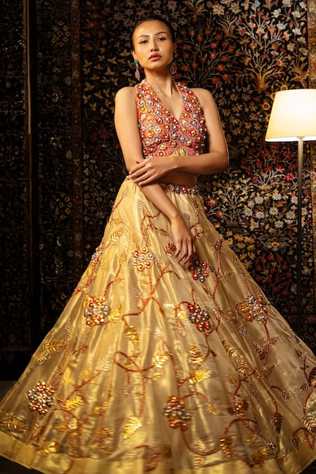 Vandana Sethi_Gold Organza Embroidery, Sequins, Beads, Zari, Stones, Metal Work Lehenga Set _at_Aza_Fashions