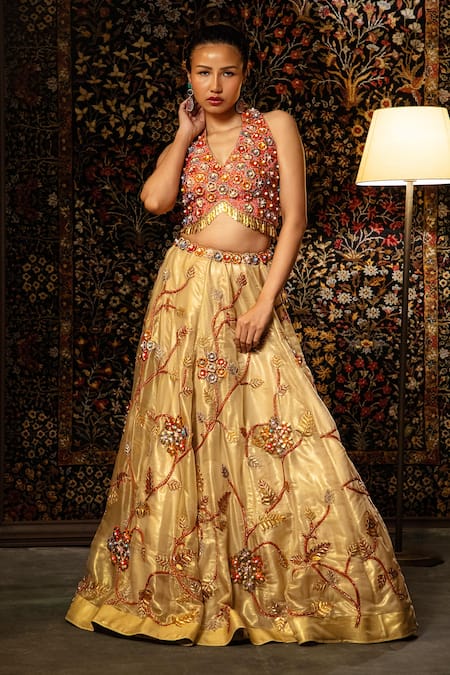 Vandana Sethi Metal Bead Work Organza Lehenga Set 