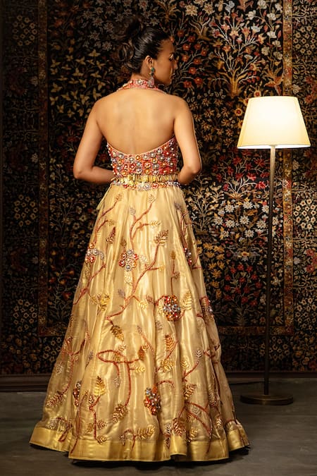 Vandana Sethi Metal Bead Work Organza Lehenga Set 