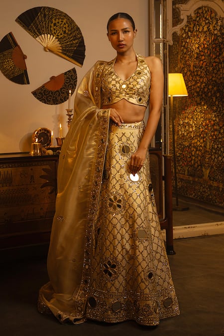 Vandana Sethi Mirror Work Raw Silk Lehenga Set