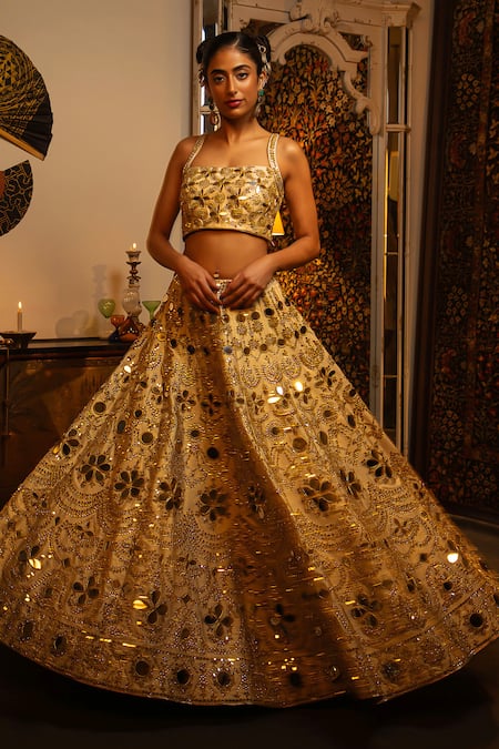 Vandana Sethi Gold Silk Mirrors Square Neck Work Raw Lehenga Set at Aza Fashions Vandana Sethi_Gold Silk Mirrors Square Neck Work Raw Lehenga Set _at_Aza_Fashions