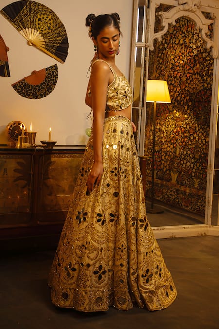 Shop Vandana Sethi Gold Silk Mirrors Square Neck Work Raw Lehenga Set Shop_Vandana Sethi_Gold Silk Mirrors Square Neck Work Raw Lehenga Set