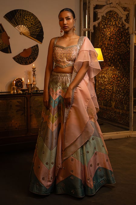 Vandana Sethi Soft Silk Chevron Lehenga Set