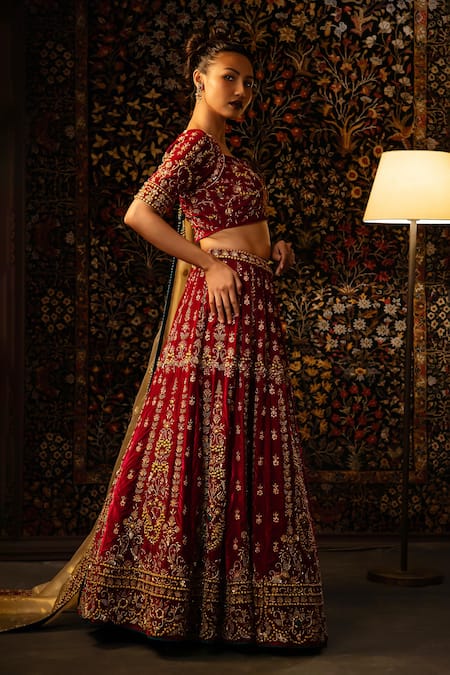 Vandana Sethi_Gold Velvet Embroidery, Zari, Stones Square Neck Zardozi Lehenga Set _Online_at_Aza_Fashions