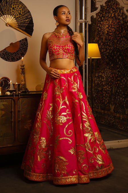 Vandana Sethi Gota Embroidery Dupion Silk Lehenga & Blouse Set