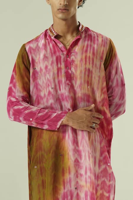 Shwetanga_Pink Organza Mirrors Tie Dye Kurta Set _Online_at_Aza_Fashions