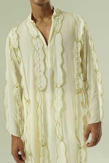 Shwetanga_Ivory Silk, Crepe Pearls Leaflet Nysa Kurta And Pant Set _Online_at_Aza_Fashions