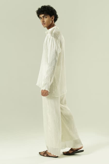 Shwetanga_Ivory Silk Crushed Semi- Kurta And Pant Set _Online_at_Aza_Fashions