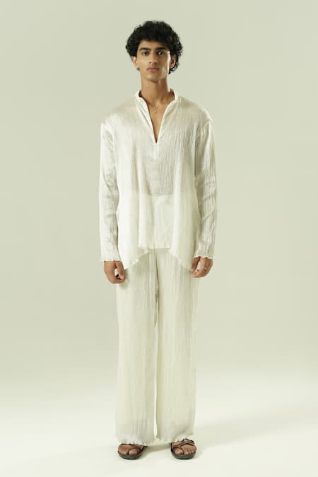 Buy_Shwetanga_Ivory Silk Crushed Semi- Kurta And Pant Set _Online_at_Aza_Fashions