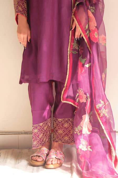 Juanita By Shubhda Purple Chanderi Embroidery, Zari, Gota Patti Round Violet Handwoven Kurta Set Online at Aza Fashions Juanita By Shubhda_Purple Chanderi Embroidery, Zari, Gota Patti Round Violet Handwoven Kurta Set _Online_at_Aza_Fashions