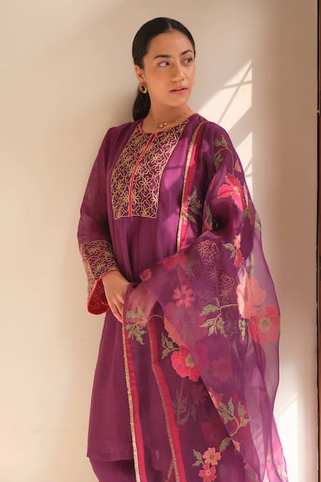 Buy Juanita By Shubhda Purple Chanderi Embroidery, Zari, Gota Patti Round Violet Handwoven Kurta Set Online at Aza Fashions Buy_Juanita By Shubhda_Purple Chanderi Embroidery, Zari, Gota Patti Round Violet Handwoven Kurta Set _Online_at_Aza_Fashions