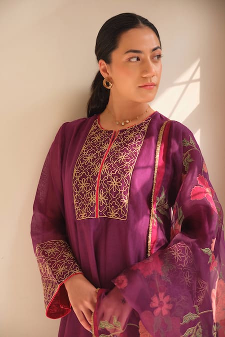 Shop Juanita By Shubhda Purple Chanderi Embroidery, Zari, Gota Patti Round Violet Handwoven Kurta Set Online at Aza Fashions Shop_Juanita By Shubhda_Purple Chanderi Embroidery, Zari, Gota Patti Round Violet Handwoven Kurta Set _Online_at_Aza_Fashions