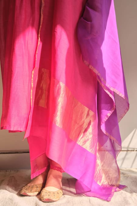 Juanita By Shubhda Pink Chanderi Embroidery, Zari Split V-neck Nia Kurta Set at Aza Fashions Juanita By Shubhda_Pink Chanderi Embroidery, Zari Split V-neck Nia Kurta Set _at_Aza_Fashions