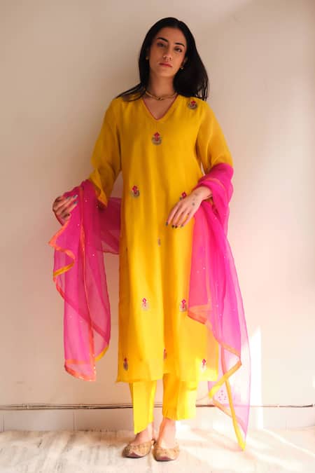 Juanita By Shubhda Inara Ochre Handwoven Kurta Set