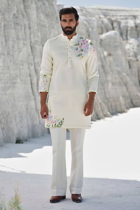 Amrit Dawani_Yellow Modal, Silk, Cotton Amber Ray Hand Painted Kurta Set _Online_at_Aza_Fashions