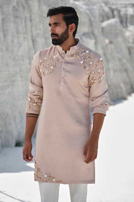 Shop Amrit Dawani Rose Gold Modal, Silk, Cotton Sequins, Radiance Rosegold Embellished Kurta Set Online at Aza Fashions Shop_Amrit Dawani_Rose Gold Modal, Silk, Cotton Sequins, Radiance Rosegold Embellished Kurta Set _Online_at_Aza_Fashions